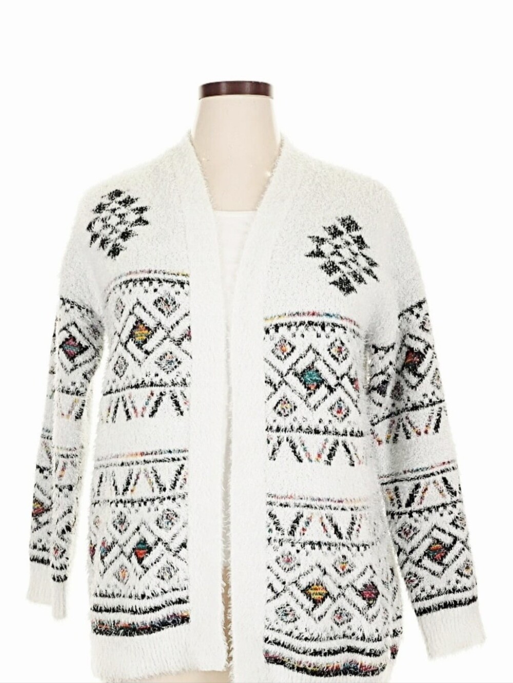 Cozy, Fuzzy Open-Front Patterned Cardigan Sweater - White